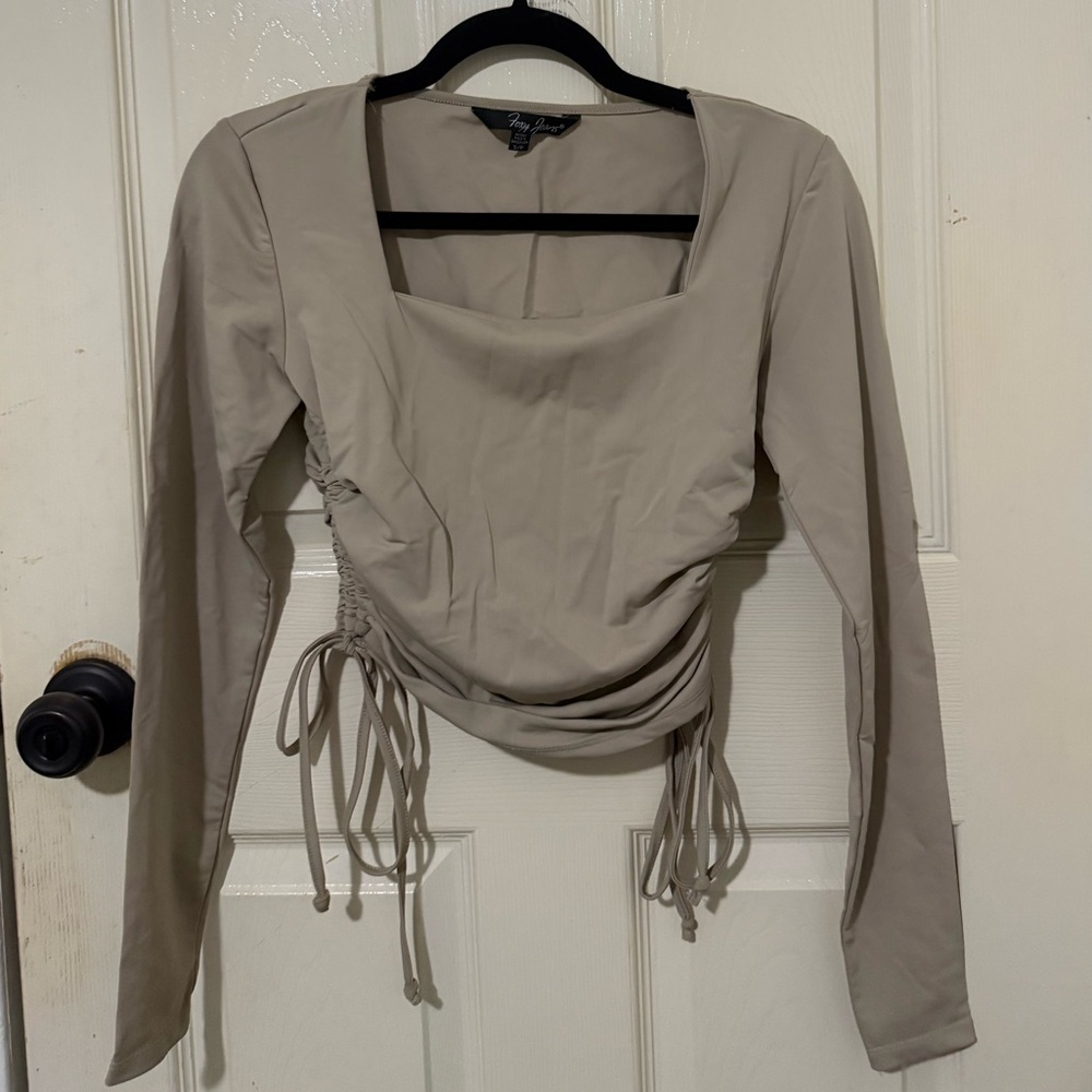 Foxy Jeans Taupe Ruched Square Neck Long Sleeve Top | Size S - Picture 1 of 12